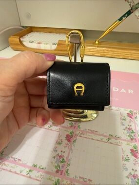 Etienne Aigner Mini Leather photo keychain black with Gold Accent